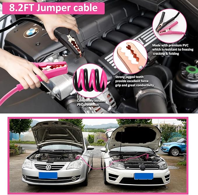 Car Roadside Emergency Kit - Pink Roadside Assistance Emergency Kit with Jumper Cables, Auto Tool Set, Deer Whistles, Winter Car Safety Roadside Assist Kit for Teen Girl and Ladies