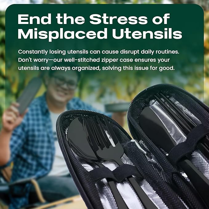 Taplord Portable Travel Silverware Set With Case, Includes 5 Pcs of Travel Utensils With Case, Stainless Steel Flatware Set For Camping, Easy to Travel, Lightweight (Black), Medium, TL-05B