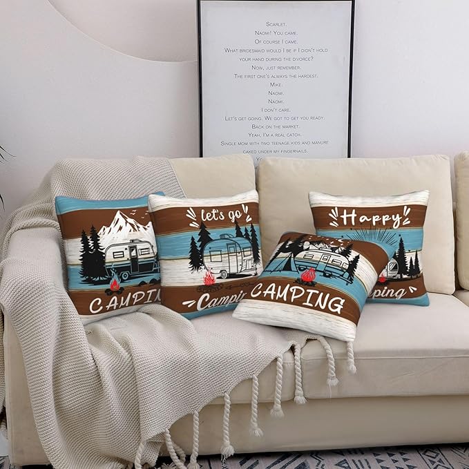 Camping Throw Pillow Covers 18 X 18 Inch Set of 4 Decorative Cushion Cover Home Decor for Sofa Chair Couch Bedroom Living Room