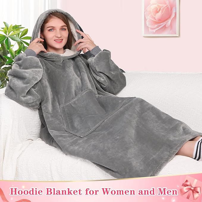 Waitu Wearable Blanket Sweatshirt Gifts for Women and Men, Sherpa Wearable Blanket Adult, Oversized Blanket Hoodie, Thick Sherpa Blanket, Warm Body Blanket Robe - Gray