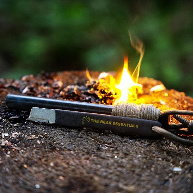 The Bear Essentials - 6" x 1/2" Large Ferro Rod & Tungsten Striker Fire Starter Survival Kit, Reflective Paracord, Waxed Hemp & Burlap Sack -20,000+ Strikes