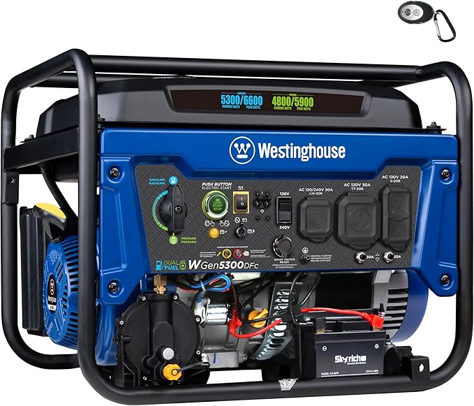 Westinghouse 6600 Watt Dual Fuel Home Backup Portable Generator, Remote Electric Start, Transfer Switch Ready, RV Ready, CO Sensor