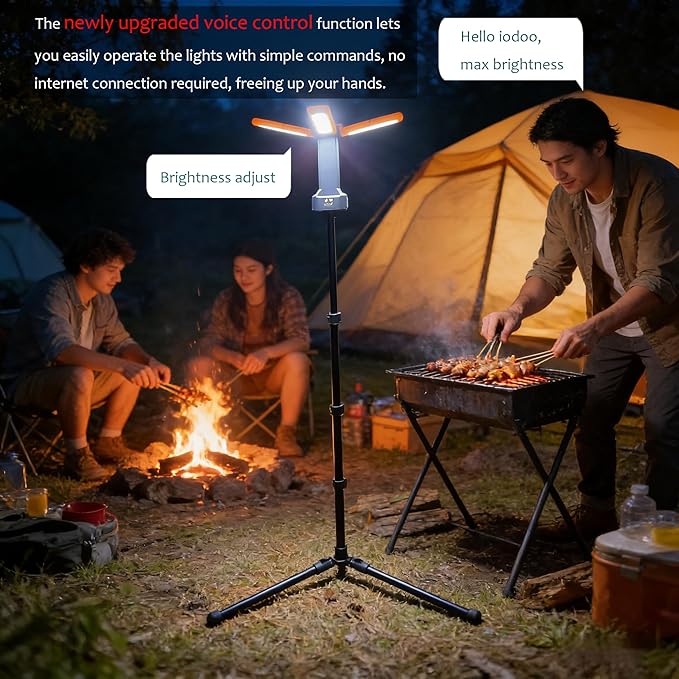 iodoo Voice Control 13200mAh Rechargeable Solar Work Light with Folding Stand Support and Portable Carrying Bag, 8000 Lumen Stepless Dimmable, 4 Lighting Modes, White/Warm/Warm White (Voice Control)