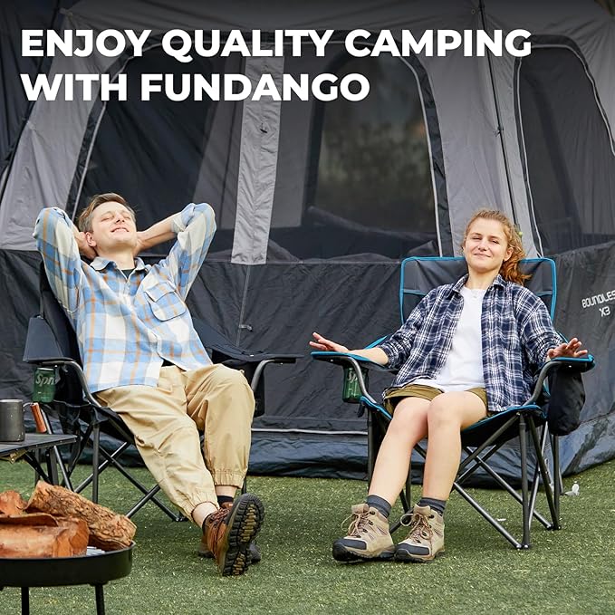 FUNDANGO Oversized Camping Chair for Adults,550lbs Heavy Duty Foldable Portable Lawn Chair with Padded Seat & Back, 4-can Cooler & Cup Holder, Carry Bag Included for Outdoor (Black/Grey)