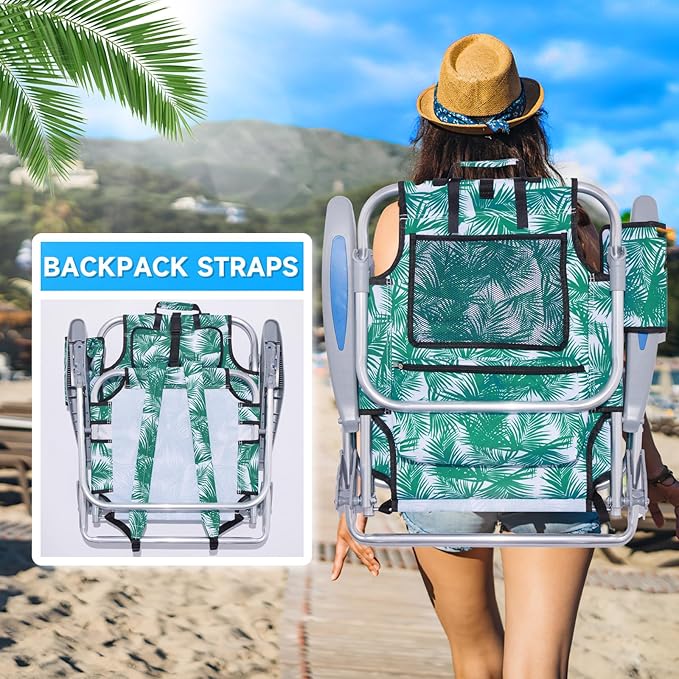 Portable Beach Chair for Adults, Outdoor Camping Chair Lay Flat Folding Backpack Beach Reclining Chair with 5 Positions, Headrest, Cup Holder, Heavy Leaf