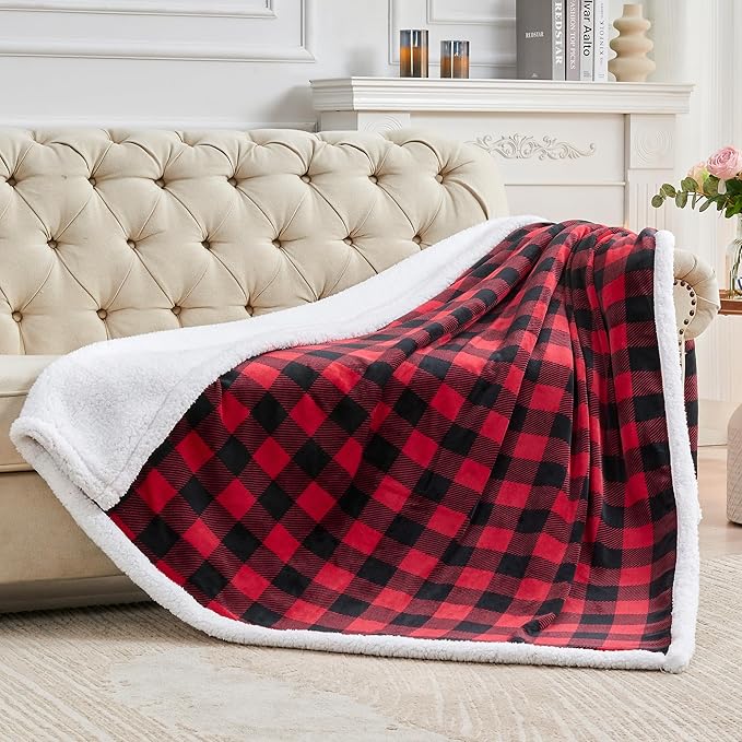 BEDELITE Sherpa Fleece Blanket - Black and Red Buffalo Plaid Christmas Blanket, Super Soft Cozy Warm Thick Winter Throw Blankets for Couch and Bed, 50" x 60"
