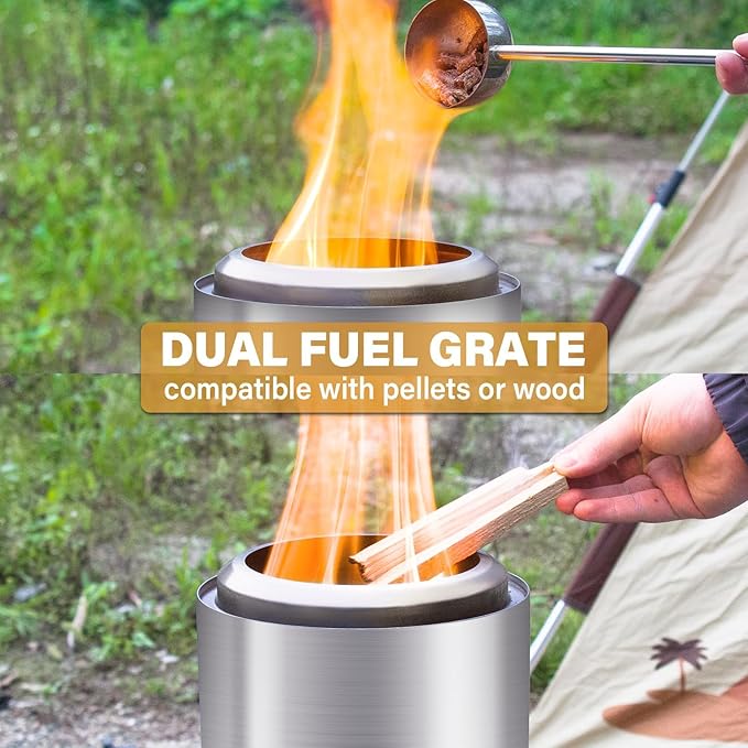 HGD Small Tabletop Fire Pit 8.0 x 5.5 in, Portable Mini Smokeless Table Top Firepit, Low Smoke Camping Stove for Outdoor/Patio, with Travel Bag & Forks, Fueled by Pellets/Wood, Stainless Steel, Silver