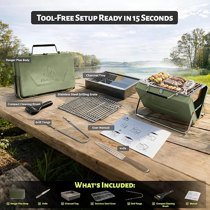 Ranger Plus Portable Charcoal Grill – Folding BBQ with Large Grilling Grate for Camping, Tailgating & Backyard | Serves 4–5, Full‑Grate Cooking Coverage, 304 Stainless Steel, 3‑Second Setup