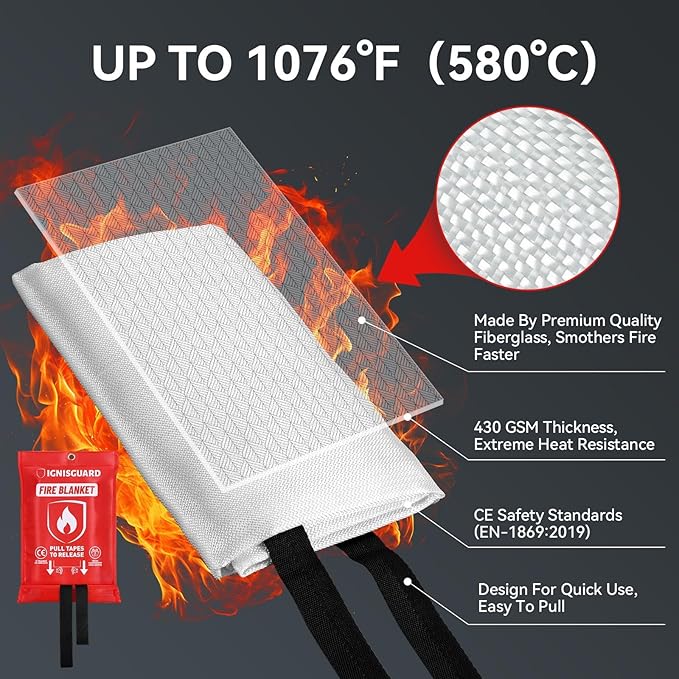 Fire Blankets 4 Pack, 40x40in with 1 Pair Fire Resistant Gloves & 4 Hooks, Fiberglass Fire Blankets Emergency for Home and Kitchen, Suppressant for Grease & Electrical Fires, RV, Camping