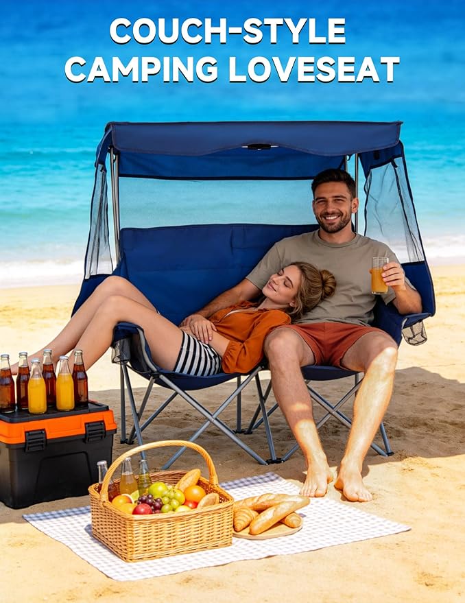 East Oak Double Camping Chair with Canopy | 24" High Back Camping Couch for Adults with 360° Sun Protection, 14.7 lbs Lightweight, 660 lbs Heavy Duty Canopy Chair for Outdoors