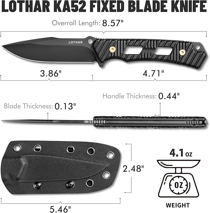 LOTHAR KA52 Fixed Blade Knife with Sheath, D2 Steel Survival Tactical Hunting Knife for Camping Bushcraft Outdoor, Vertical Horizontal Carry Cool Full Tang Knives, Survival Tactical Gear Christmas Valentine Gift for Men Women