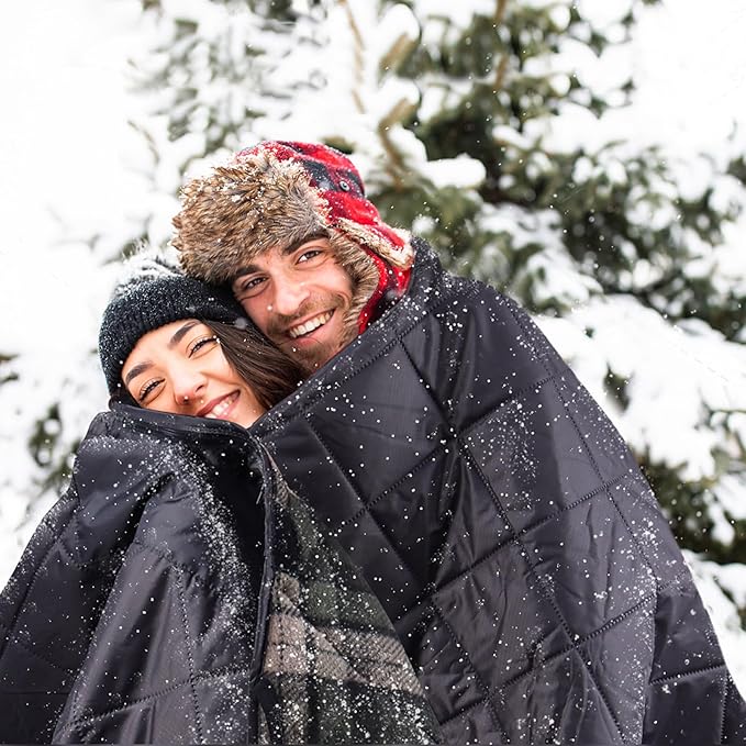 DUKUSEEK Large Camping Blanket - Waterproof, Quilted, Extra Thick Fleece, Warm, Windproof, Wearable, Includes Foldable Hood and Stuff Sack for Car, Outdoor Sports, Picnics, Stadiums, Dogs