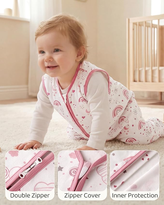 Baby Sleep Sack 0-6 months, 100% Cotton Sleeping Sack for Newborn and Infant, 3 Pack Baby Wearable Blanket, 0.5 Tog Lightweight Double Zipper Sleep Bag Small Pink Rainbow