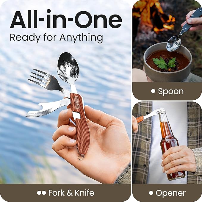 Orblue 4-in-1 Camping Eating Utensils, 2-Pack - Portable Spoon, Fork, Knife & Bottle Opener Combo Set - Stainless Steel Flatware with Detachable Fork - Travel, Backpacking Cutlery Multitool, Orange