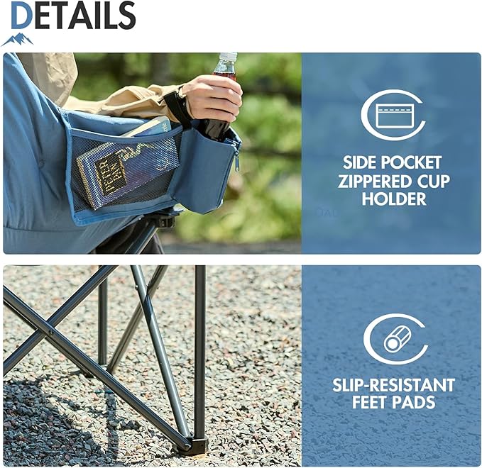 Portal Oversized Padded Camping Chair - Heavy Duty Folding Chair with Cup Holder & Side Pocket, Supports 350 lbs, for Camping, Lawn, Sports, Blue
