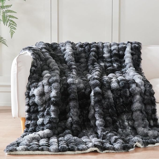 60x80 Inches Ultra-Soft Fuzzy Faux Fur Plush Twin Size Blanket - Thick, Warm Sherpa for Couch, Sofa, Bedroom, Camping - Decorative Blanket for Cozy Warmth, Bubble Black Tie Dye
