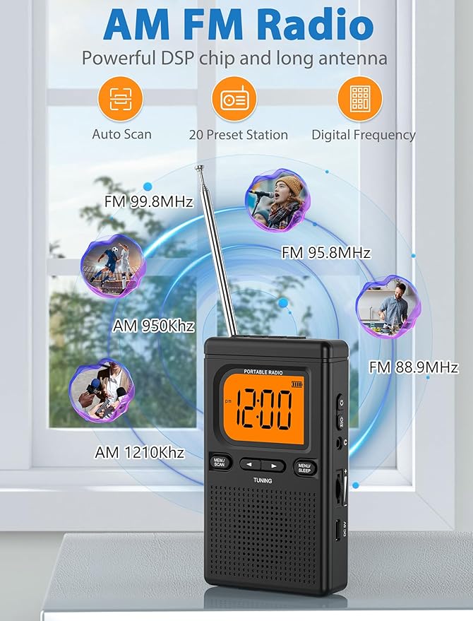 2000mAh Rechargeable AM FM Radio with Bluetooth Portable Transistor Pocket Radio with Best Reception Digital Tuning, Flashlight,LCD Screen,Earphone Jack, Sleep Timer and Alarm Clock for Jogging