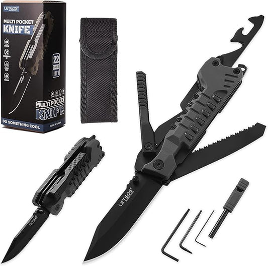 Multi Pocket Knife, 22 in 1,Survival Gear EDC Tools with Nylon Sheath, Emergency, Camping, Hiking, Hunting, Gift for Men Women (Cool Black)