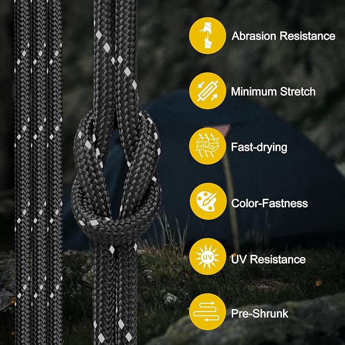 Reflective Paracord Rope 850Ib, 50/100/200/500/1000ft 4MM 11 Strand para Cords Lanyard Utility Parachute Cord for Tent Camping Hiking Survival Tactical Clothesline DIY Projects, Black 100FT