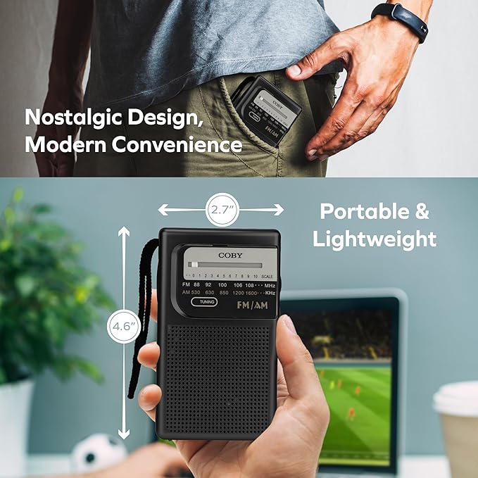 Coby Portable AM/FM Radio – Retro Battery Operated Pocket Radio with Powerful Speakers, Long 800-Hour Battery, Clear Reception, Emergency & Travel Transistor Device for Home or Outdoors