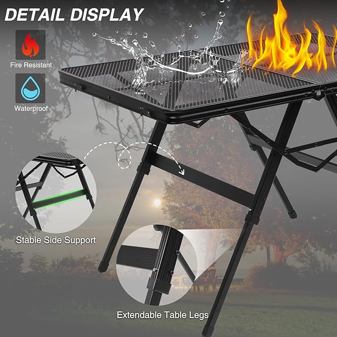 REDCAMP Folding Grill Table for Outside, Portable Metal Aluminum Outdoor Grill Table with Adjustable Height Pull-Out Square Tube Legs, Great for Camping Picnic Cooking BBQ, 36" L x 24" W
