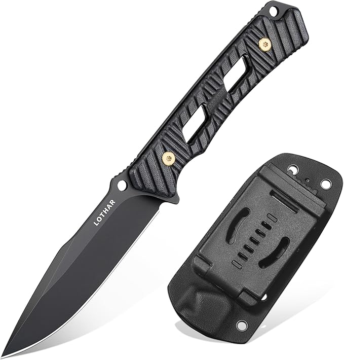 LOTHAR KA52 Fixed Blade Knife with Sheath, D2 Steel Survival Tactical Hunting Knife for Camping Bushcraft Outdoor, Vertical Horizontal Carry Cool Full Tang Knives, Survival Tactical Gear Christmas Valentine Gift for Men Women