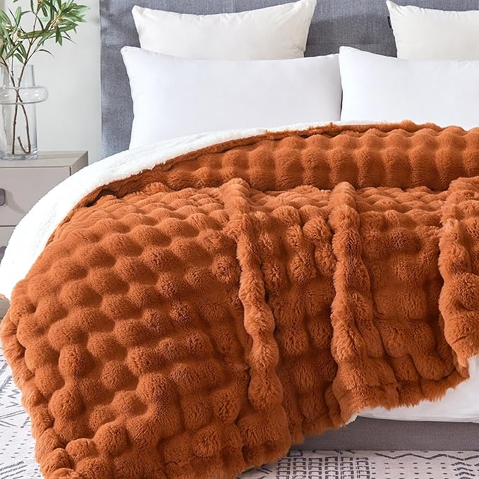 60x80 Inches Ultra-Soft Fuzzy Faux Fur Plush Twin Size Blanket - Thick, Warm Sherpa for Couch, Sofa, Bedroom, Camping - Decorative Blanket for Cozy Warmth, Bubble Rust