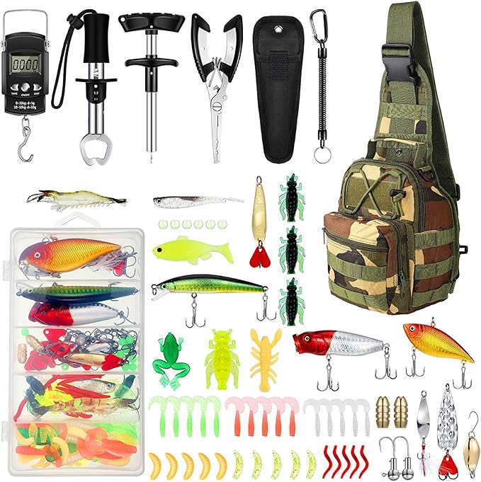 Sosation 134 Pcs Fishing Tool Fishing Tackle Box Kit and Equipment for Adults Beginner Gift, Hook Remover, Pliers Kit, Backpack Tackle Container Lures, Lip Gripper, Weigh Scale