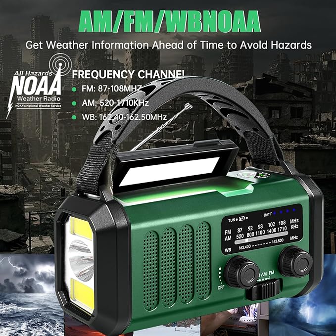 Emergency Weather Radio 20000mAh NOAA/AM/FM with 74000mWh USB/Solar/Hand Crank Charging, Battery Operated, SOS Alarm & Flashlight for Indoor/Outdoor Emergencies (Green)