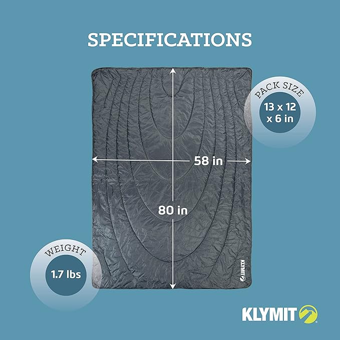 Klymit Horizon Travel Packable Camping Blanket and Comforter, Blue/Black