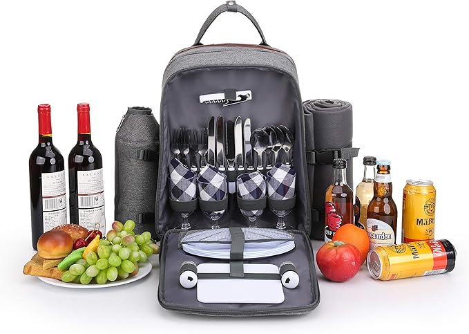 ALLCAMP OUTDOOR GEAR Picnic Backpack for 4 Person W/ Detachable Wine Holder, Insulated Food Compartment and Picnic Cutlery for Family Outdoor Camping and Gift (Grey)