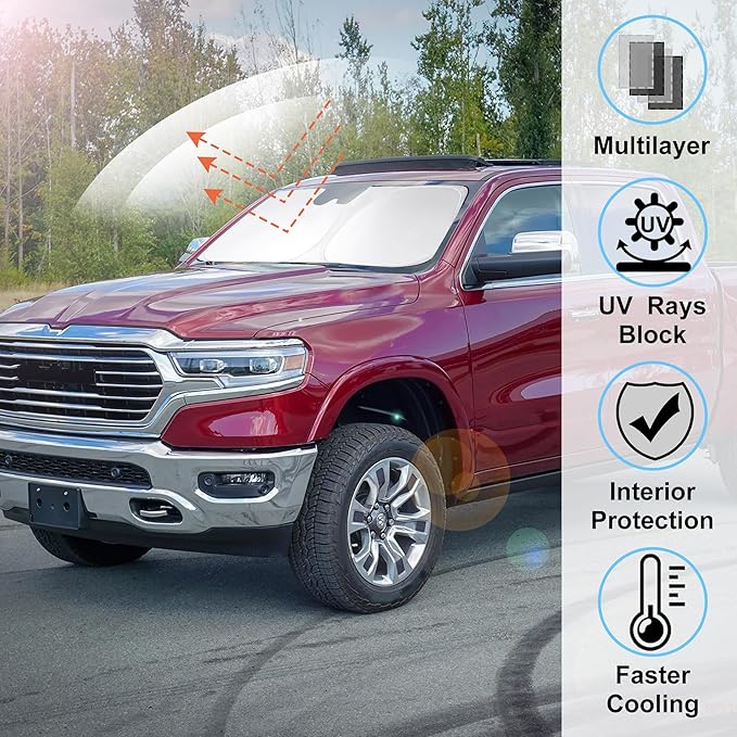 Windshield Sun Shade Custom Fit 2019-2023 2024 2025 2026 Dodge RAM 1500 Accessories CrewCab,MegaCab Pickup,2Dr RegularCab,4Dr QuadCab Foldable Sunshade