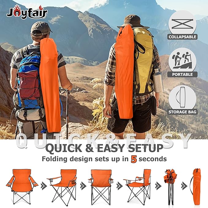 Joyfair Portable Camping Chair, Outdoor Lawn Folding Chairs for Adults, Heavy Duty Large Foldable Chairs for Beach, Fishing, Tailgating and More Outdoor Sport, Carry Bag & Cup Holder