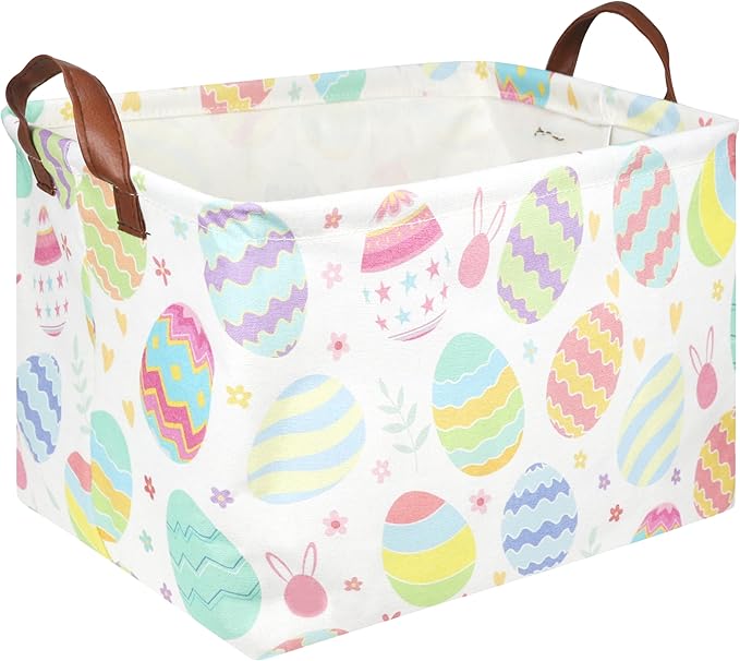 FXOLCSHE Rectangular Easter basket,Dirty laundry basket with handles,Toy storage bin,Laundry basket for girls,Girls Room Decor,Gift Basket(Flower egg)