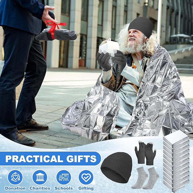 400 Pcs Thermal Blankets Winter Warmth Set Bulk, Warm Socks Winter Touchscreen Gloves Beanie Hats Emergency Foil Blankets (Elegant)