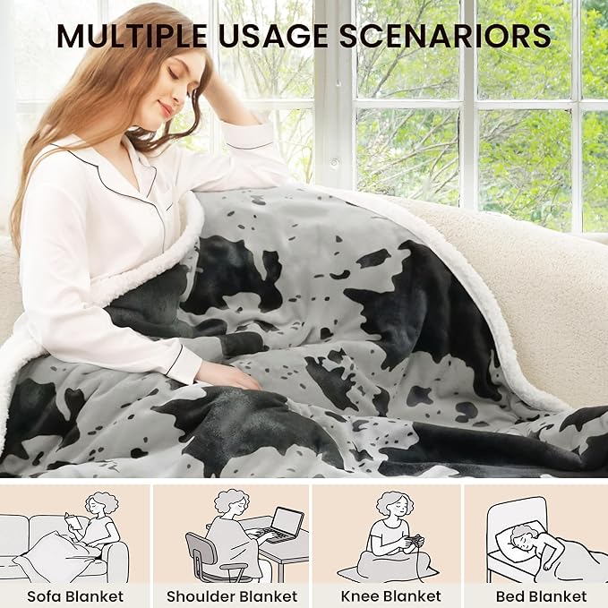 Heated Blanket Throw Blanket - Fast Heating Electric Blanket, Soft Flannel Heated Throw with 4 Time Settings,10 Heating Settings, Warm Gifts for Women & Mom & Grandma(50"x60"Cow Print Grey)