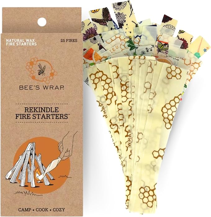 Bee's Wrap ReKindle Natural Fire Starters - 25 Fires - Made in USA Fire Starter from Organic Beeswax Wraps for Food - Safe for Indoor/Outdoor Use