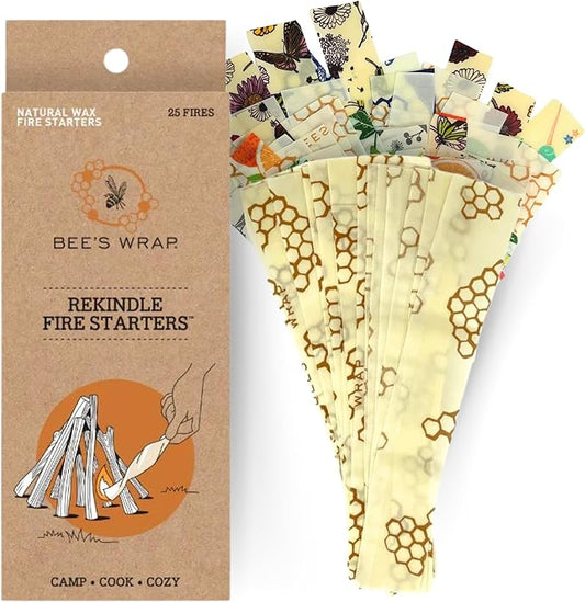 Bee's Wrap ReKindle Natural Fire Starters - 25 Fires - Made in USA Fire Starter from Organic Beeswax Wraps for Food - Safe for Indoor/Outdoor Use