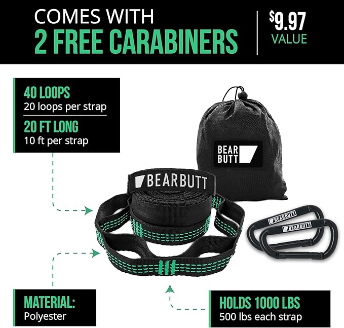 Bear Butt Kodiak Hammock Straps for Trees - 20 Feet Long, 40 Combined Loops - Holds 1000 Pounds - Camping Accessories With Carabiner