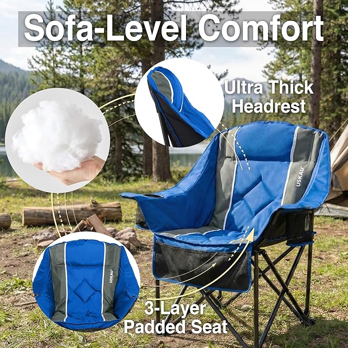 Oversized Camping Chair for Adults - Heavy Duty 400 lbs Padded Folding Chair with Wine Glass Holder, 2 Cup Holders & Side Pockets, Portable Carry Bag for RV, Tailgating, Lawn