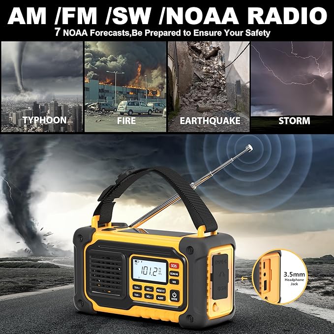 Crank Emergency Weather Radio, 10000mAh Solar Hand Crank Portable NOAA AM FM Battery Power Radio,Weather Alert with Flashlight,SOS Alarm & Reading Lamp,Survival Gifts for Home Camping Outdoor