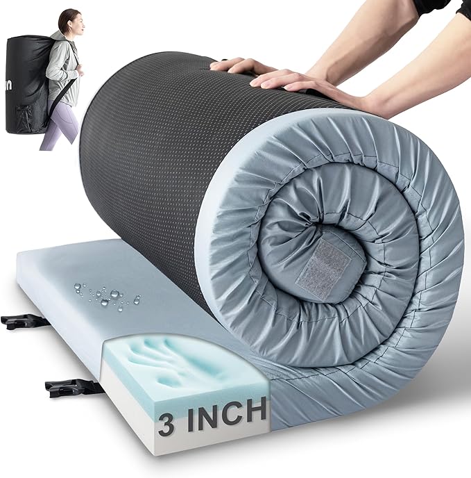 Kingfun 3 Inch CertiPUR-US Memory Foam Camping Mattress Pad, Waterproof Roll up Sleeping Pad, Thick Floor Sleeping Mats for Tent with Removable Travel Bag