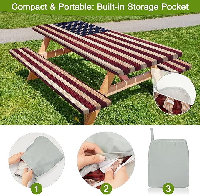 Picnic Table Cover with Bench Covers Portable Table Cloth Built-in Storage Pocket Fitted Tablecloth with Elastic Edges Waterproof Camping Essentials for Indoor Outdoor Rv,72in, American Flag
