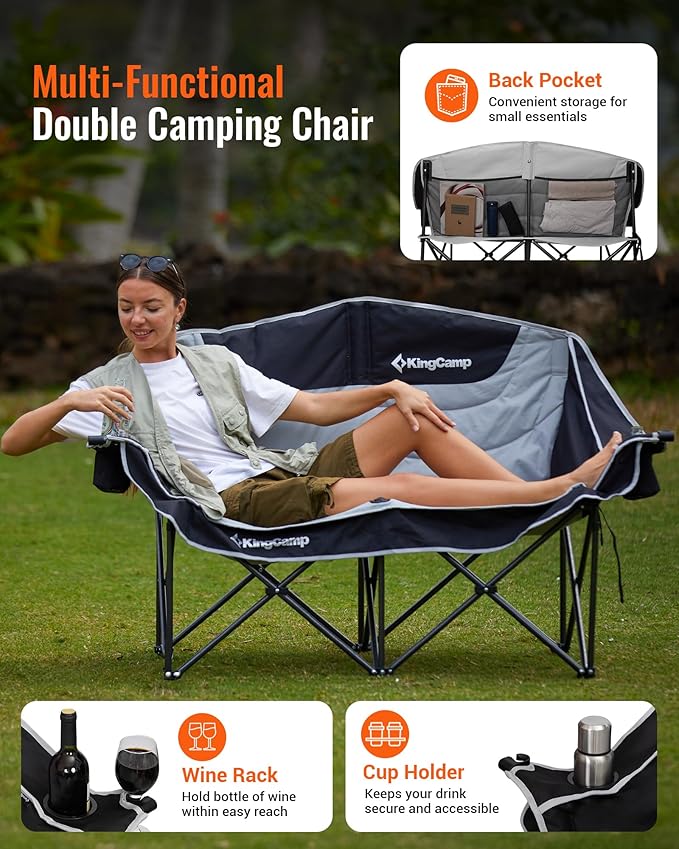KingCamp Oversized Double Camping Chair, Heavy Duty 880lbs with Padded Seat & Cup Holders, 2 Person Loveseat Perfect for Outdoor Sports Family and Couples, Ideal for Lawn and Backyard, Black/Grey