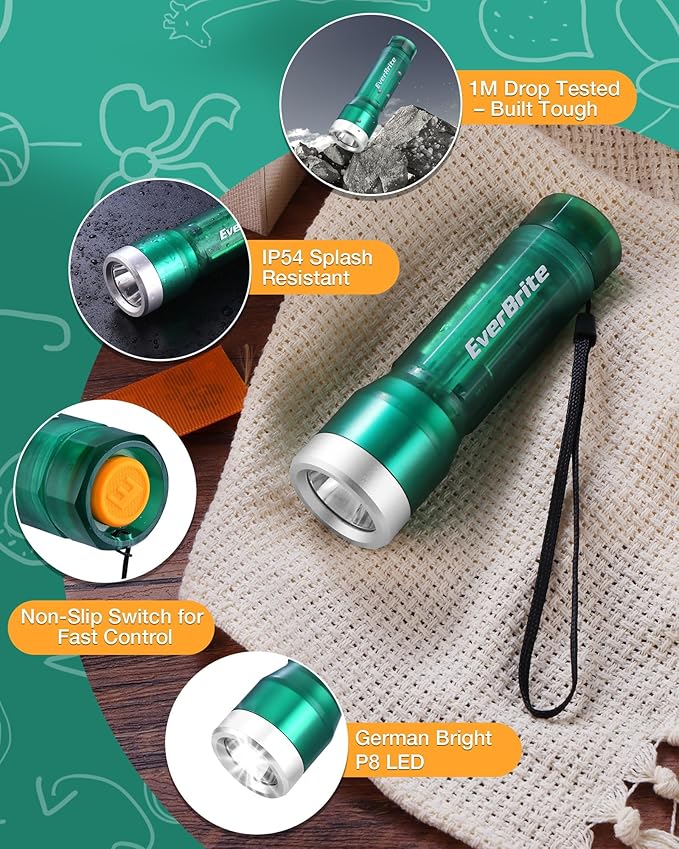 EverBrite Mini Flashlight, LED Flash Light with 3 Modes, 3 AAA Batteries Included, Water-Resistant Small Flashlight for Emergencies and Camping, Green,1 Pack