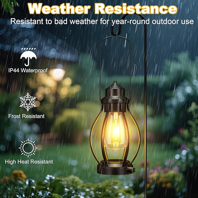pearlstar Rechargeable Camping Lanterns 2 Pack Black Portable LED Decorative Lamps Outdoor Indoor Battery Operated/USB-C Charge, Dimming Edison Blub light with Timer, for Table Patio Garden Yard Porch