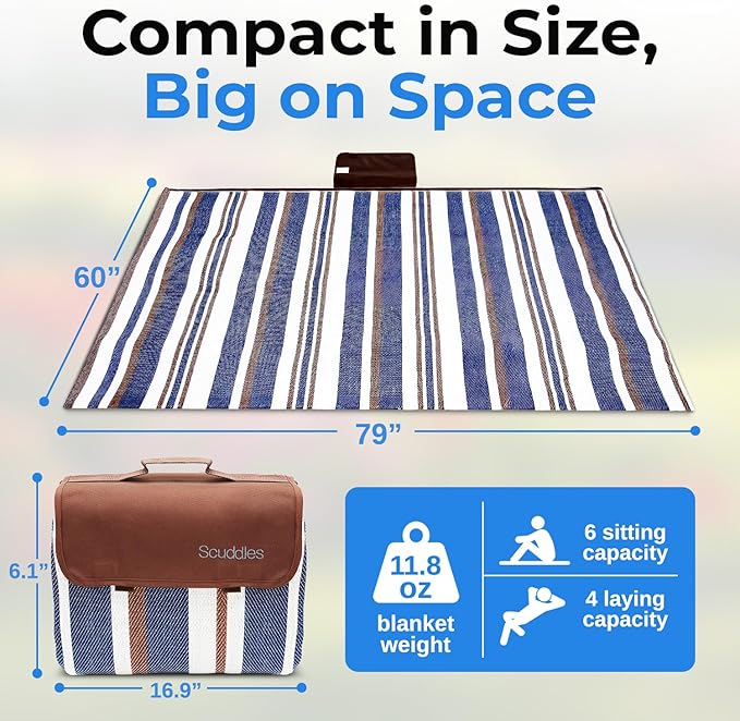 scuddles Extra Large Picnic Blanket – 80" x 80" Waterproof Outdoor Mat with Soft Dual-Layer Comfort, Foldable Sand-Free Travel Rug for Beach, Camping, Lawn & Parks