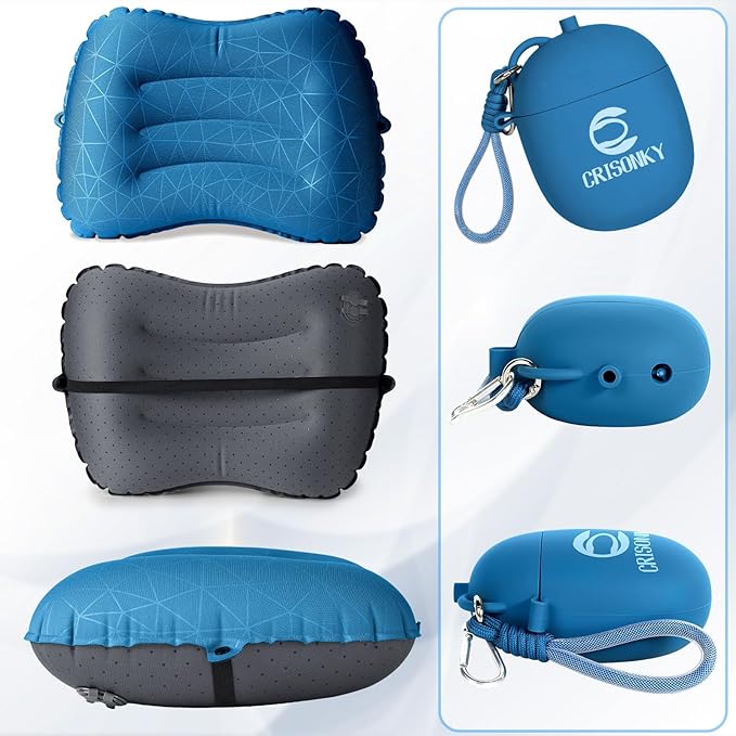 Crisonky Camping Inflatable Pillow with 2-in-1 Silicone Air Pump Storage Bag – Ultralight Travel Pillow for Airplane, Lumbar Support, Dual Valve Easy Inflate, Compressible Ergonomic (Navy Blue)