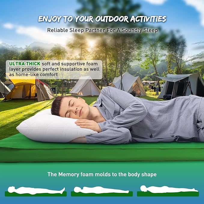 Buheco Sleeping Pad for Camping, Self-Inflating 9.5 R Value 3" Ultra-Thick Memory Foam Comfort Plus Camping Mats for Backpacking Travelling & Hiking Portable Air Mattress for 4-Season Green