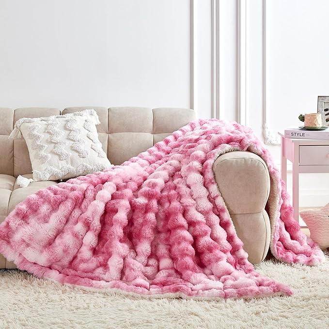60x80 Inches Ultra-Soft Fuzzy Faux Fur Plush Twin Size Blanket - Thick, Warm Sherpa for Couch, Sofa, Bedroom, Camping - Decorative Blanket for Cozy Warmth, Bubble Pink Tie Dye